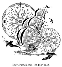 Marine-inspired design. A sailboat on loose sails in a stormy sea and soaring seagulls, isolated on black, vector illustration