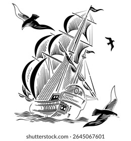 Marine-inspired design. A sailboat on loose sails in a stormy sea and soaring seagulls, isolated on black, vector illustration