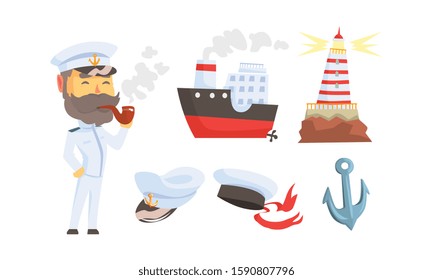 Mariner Attributes with Seaman Character Standing and Smoking Pipe Vector Set