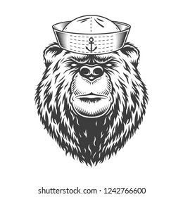 Mariner bear head wearing sailor hat in vintage monochrome style isolated vector illustration