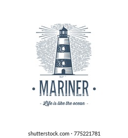 Mariner emblem. Lighthouse Design Element in Vintage Style for Logo or Badge Retro vector illustration. Vector illustration.