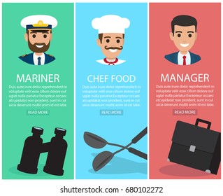 Mariner in pointed cap with black binoculars, moustached chef cook with two soup ladles, young manager and dark suitcase vector posters set
