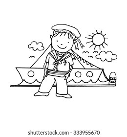 Mariner, sailor with a ship, vector illustration, doodle sketch 