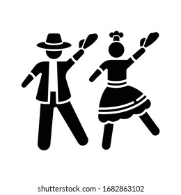 Icono de glifo negro marinera. La tradicional pareja romántica peruana baila. Bailarines hombres y mujeres. Festival nacional de coreografía del Perú. Símbolo de silueta en el espacio blanco. Ilustración aislada de vectores