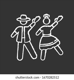 Marinera chalk white icon on black background. Peruvian traditional romantic couple dance. Man and woman dancers. Peru national choreography festival. Hispanic culture. Isolated vector illustration