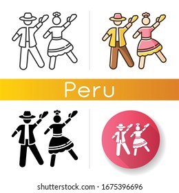 Marinera icons set. Peruvian traditional romantic couple dance. Man and woman dancers. Ethnic party. Hispanic culture. Linear, black and RGB color styles. Isolated vector illustrations