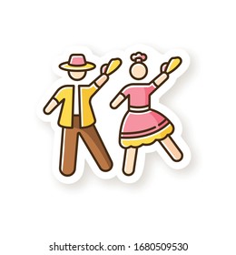 Marinera patch. Peruvian traditional romantic couple dance. Man and woman dancers. Peru choreography festival. Ethnic party. Hispanic culture. RGB color printable sticker. Vector isolated illustration