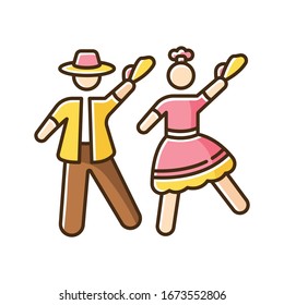 Marinera RGB color icon. Peruvian traditional romantic couple dance. Man and woman dancers. Peru national choreography festival. Ethnic party. Hispanic culture. Isolated vector illustration