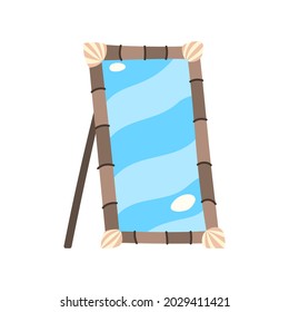 A marine-style floor mirror with shells in a bamboo frame for a Mediterranean interior. Unusual bathroom, accessories of an apartment by the sea.