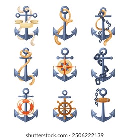 Marine-themed anchor set illustrations on a white background. Vector illustration