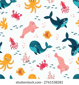 Marine-themed background pattern: whales, sharks, walruses, octopuses, crabs, and fish