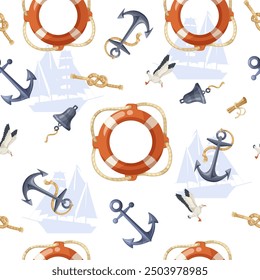 Marine-themed pattern with anchors, lifebuoys, and seagulls. Vector illustration