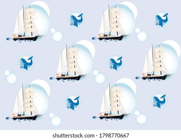 marine-themed pattern consists of sailboats, whales and soap bubbles