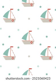 marine-themed pattern for kids with a ship on a white background