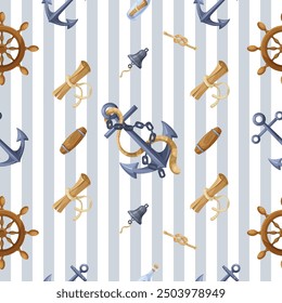 Marine-themed seamless pattern with nautical objects. Vector illustration