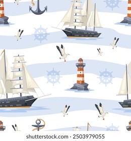 Marine-themed seamless pattern with ships, lighthouses, and seagulls. Vector illustration