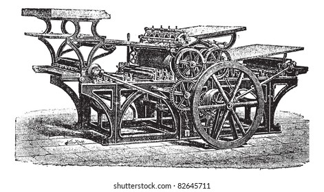 Marinoni  double printing press, vintage engraving. Old engraved illustration of Marinoni double printing press.  Trousset encyclopedia (1886 - 1891).