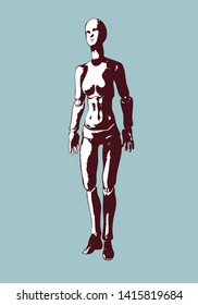 Marionette 1, vector illustration. Emotional doll. Android female