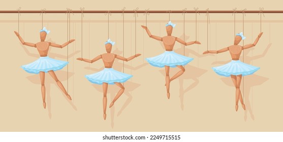 Marionette Ballerina. Ballett- oder Theatervorführung aus Holz, menschliche Puppe aus geschnitztem Holz, hängende Marionettenmädchen in Handarbeit, Tanzmodellspielzeug, Vektorgrafik von Marionette Ballerina-Design