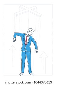 Marionette businessman - line design style isolated illustration on white background. Metaphorical image of a man being like a string puppet. Manipulation concept