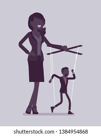 Marionette businessman manipulated and controlled by female puppeteer. Male manager under boss influence, strong woman with authority operates a weak man. Vector illustration, faceless characters