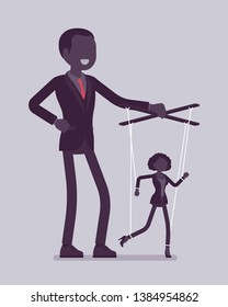 Marionette businesswoman manipulated and controlled by male puppeteer. Female manager under boss influence, strong man with authority operates a weak woman. Vector illustration, faceless characters
