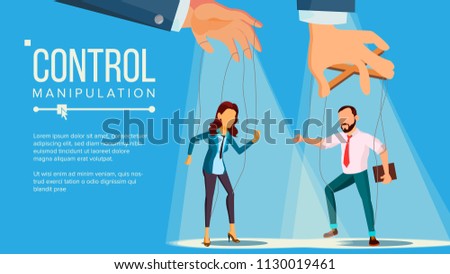 Marionette Concept Vector. Manipulation Big Managing Hand. Employee. Worker On Ropes. Unfairly Using. Cartoon Illustration