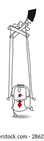 Marionette Karen. the hand or the guru  has the control over Karen who is the marionette of the system. It's a metaphor.