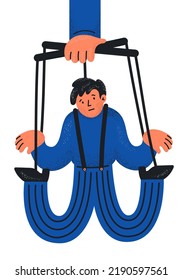 Marionette auf Streichern. Handkontrollierte Mann. Freier Mensch, Freiheit, Volition, Willenskraft Konzepte Illustration. 
