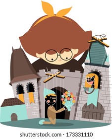 Marionette Puppentheater - Ein Junge schlägt einem Mädchen im europäischen Schloss vor.