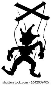 Marionette silhouette cartoon character black silhouette, vector illustration, vertical, isolated, over white
