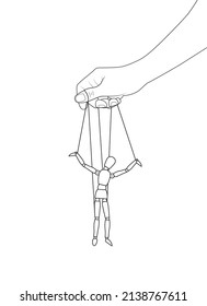Marionette string puppet manitpulation. Thread control puppeteer hand manipulate wooden figure vector illustration. Graphic stock simple line image