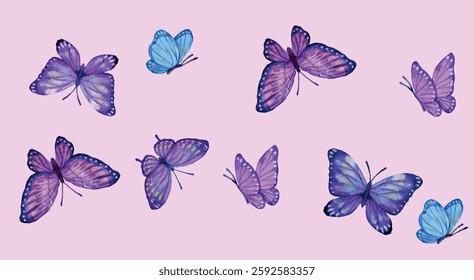 Mariposas acuarelas, diseño vetorial, mariposas moradas, ilustracion morada 