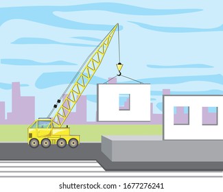 Un maripulatador o grúa en un lugar de construcción levanta una losa de hormigón. ilustración plana de la población vectorial con paisaje industrial y maquinaria pesada en funcionamiento