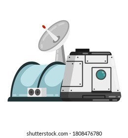 Marisan module. Spaceship, base, and living quarters. Space flight and Mars colonization. Future and science. Cosmonaut colony and dome. Radar and dome. Flat cartoon