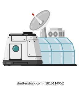 Marisan module. Spaceship, base, and living quarters. Cosmonaut colony and dome. Radar and dome. Flat cartoon. Space flight and Mars colonization. Future and science