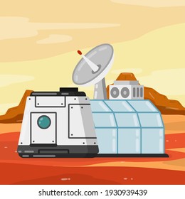 Marisan module. Spaceship, base, and living quarters. Cosmonaut colony and dome. Radar and dome. Flat cartoon. Space flight and Mars colonization. Future and science