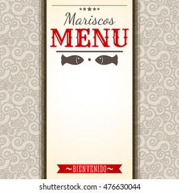 Mariscos Menu - Seafood Menu spanish text - vector restaurant menu cover template with fish illustration