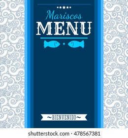 Mariscos Menu - Seafood Menu spanish text - vector restaurant menu cover template with fish illustration