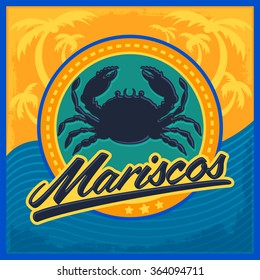 Mariscos - seafood spanish text - vector restaurant card, label, emblem, lettering