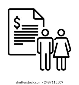 Marital property icon. Couple with financial documents. Simple line icon. Isolate on white background.