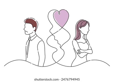 marital quarrel, doodle continuous line art vector illustration