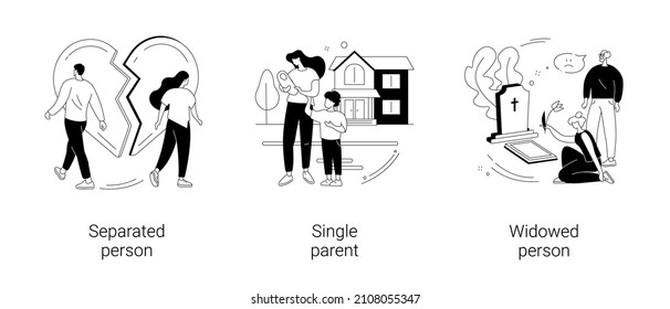 Marital status abstract concept vector illustration set. Separated person, single parent, widowed person, child custody, legal separation, husband and wife, broken heart abstract metaphor.