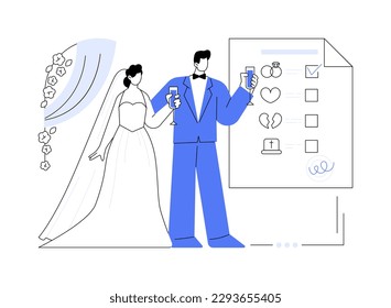 Marital status abstract concept vector illustration. Civil status, persons relationship, single married, checkbox, marital state, wedding rings, married couple, divorced widowed abstract metaphor.