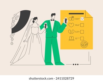 Marital status abstract concept vector illustration. Civil status, persons relationship, single married, checkbox, marital state, wedding rings, married couple, divorced widowed abstract metaphor.