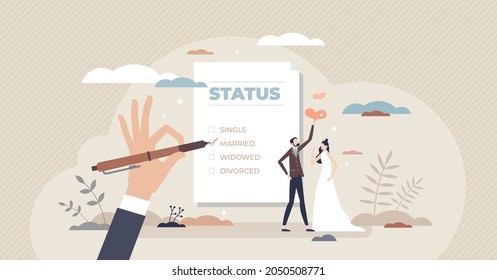 Marital status change with couple relationship type tiny person concept. Checkbox list with single, married, widowed and divorced options for couple vector illustration. Official wedding and marriage.