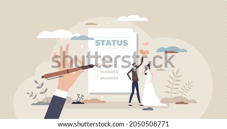 Marital status change with couple relationship type tiny person concept. Checkbox list with single, married, widowed and divorced options for couple vector illustration. Official wedding and marriage.