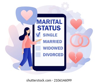 Marital status. Checkbox list with single, married, widowed and divorced options for tiny people. Legal status change. Relationship concept. Modern flat cartoon style. Vector illustration 