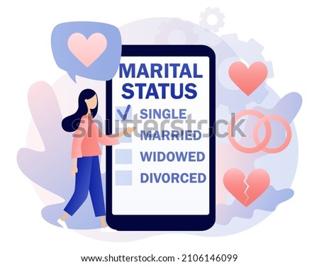Marital status. Checkbox list with single, married, widowed and divorced options for tiny people. Legal status change. Relationship concept. Modern flat cartoon style. Vector illustration 