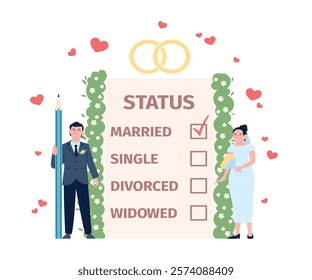 Marital status concept. Young couple change social status, just married characters. Newlyweds, groom and bride. New family recent vector scene